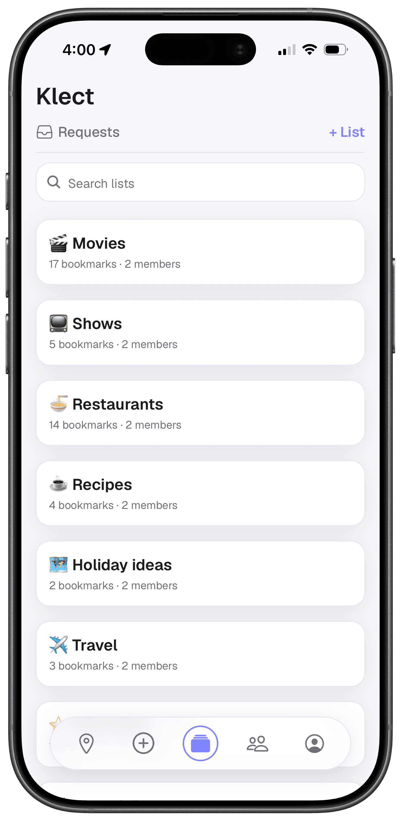 Klect lists screen